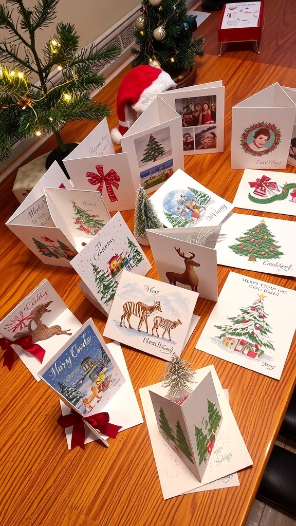 Unique Christmas Card Ideas A variety of unique Christmas cards with different designs on a rustic wooden table.